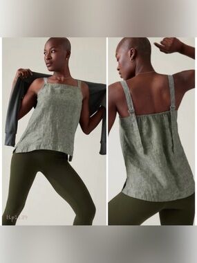 Athleta 100% Linen Square Neck Tank Top Green Size M